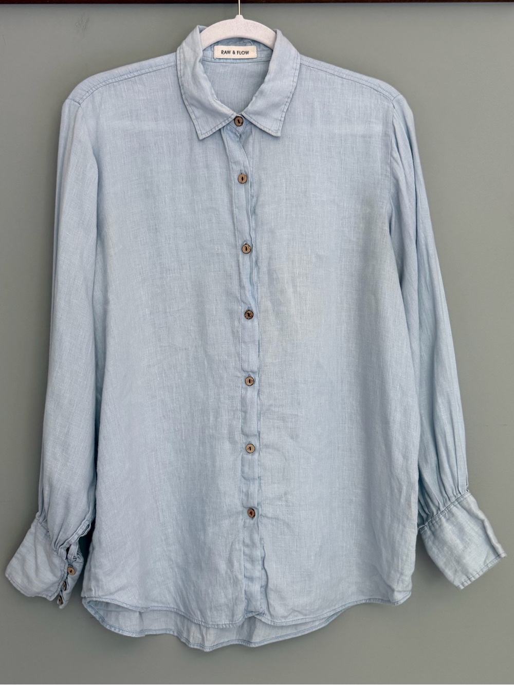 Raw + Flow Handmade 100% Linen Blue Balloon Sleeve Long Sleeve Button Down Shirt - Picture 3 of 15